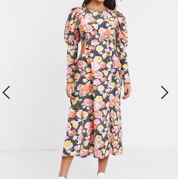 Topshop Multicolor Puff Sleeve Floral Midi Dress - Picture 2 of 16